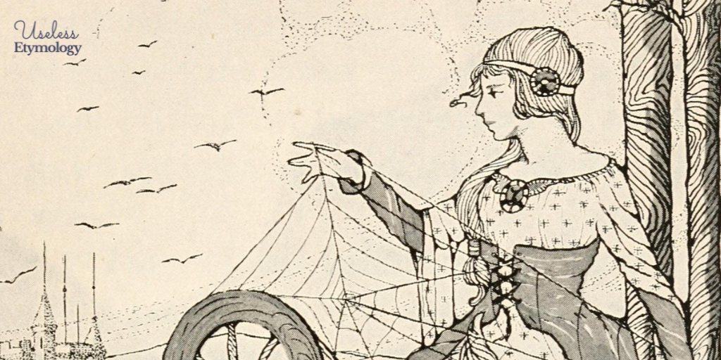 An illustration of a woman spinning a web on a spinning wheel. This is the header image for a post on the etymology of "spinster."